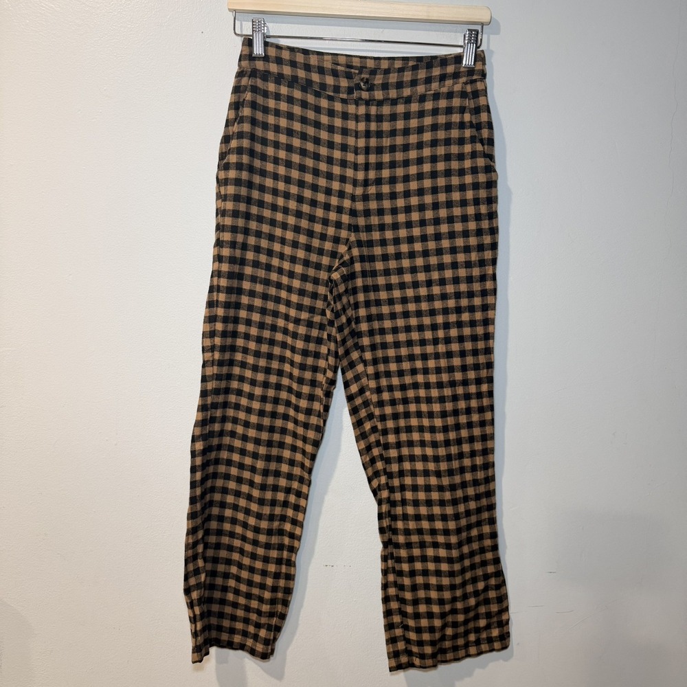 12Th Tribe Women's Brown Gingham Check crop Trousers Pants Size S boho